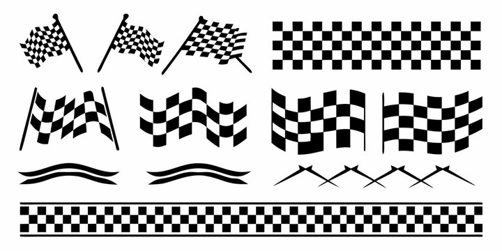 Checkered Flags And Patterns Black And White Vector Illustration