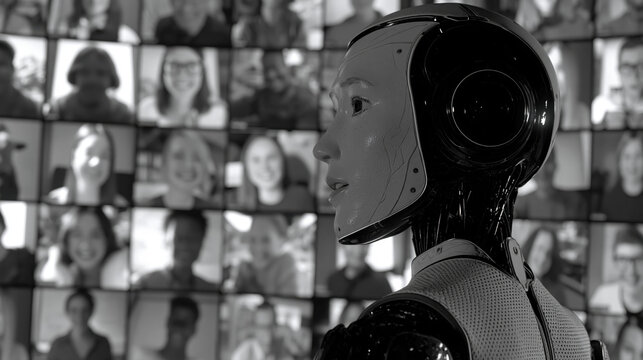 Sleek black robot teacher faces a monochrome grid of absent student screens