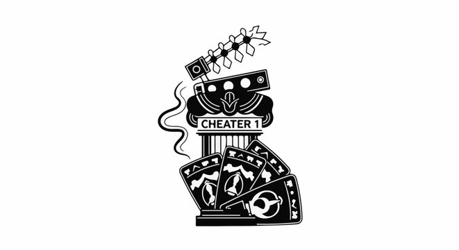 A stylized graphic depicting a column with a 'CHEATER 1' sign, surrounded by playing cards and a film reel with smoke