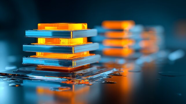 Futuristic glowing orange tech component microchip battery made of stacked metallic glass plates on dark wet reflective surface