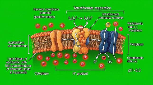 Acidiphilium cell membrane illustration depicting tetrathionate respiration and proton gradients biology microorganism