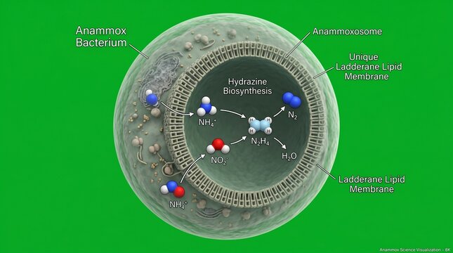 Anammox bacterium illustration depicting cellular structure and biochemical processes detailed rendering bacteria