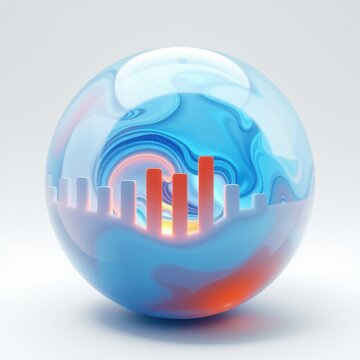 Glass sphere contains bar graph. Swirling blue, orange hues create abstract visual. Reflective surface, shadow present. Data visualization concept.