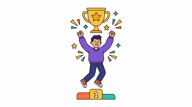 Joyful man jumping with fists raised under a trophy