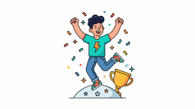 A cartoon man in a green shirt jumping with a trophy