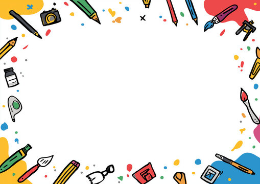 design a colorful border frame with doodle icons like a pencil, paintbrush, and camera on a white background for a school theme. vector illustration of a blank space in the center
