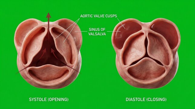 Aortic Valve Cusps Illustration Showing Systole And Diastole Against A Green Background