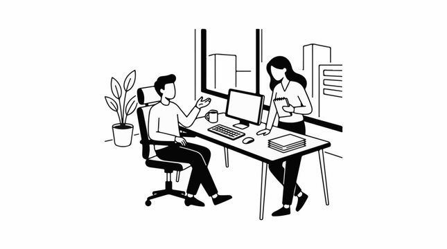 Two office workers discuss at a desk with computer, papers, and plant