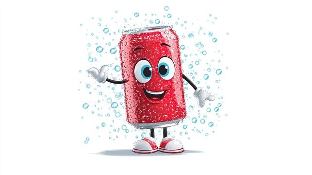 Soda can character with a smiling face, arms, legs, and shoes, surrounded by bubbles, on a