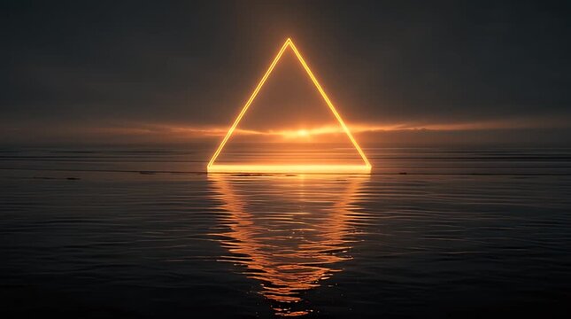 Glowing Neon Triangle Reflection on Water Surface