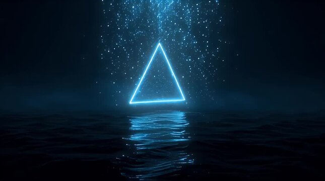 Neon Triangle Reflection Over Water with Sparkling Lights