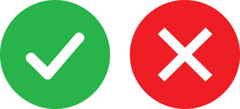 Green check mark and red cross symbol for yes or no, correct or incorrect