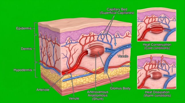 Arteriovenous anastomosis illustration depicting blood vessel connections in skin layers shunt vessels