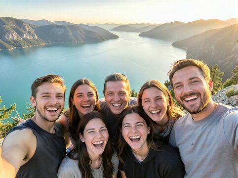 Captures Group Of Seven Individuals Posing For Camera With Expansive View Nature In Background Main Subjects Adults Appearing Joyful As Smile Broadly Towards
