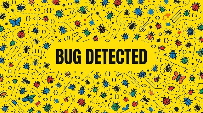 Bug Detected sign with digital insects and computer code symbols on a yellow background.