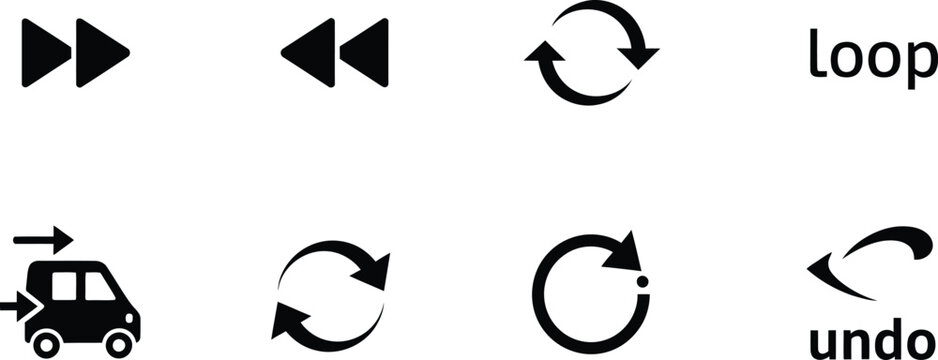 Set of black navigation and action icons including play, pause, loop, and undo symbols