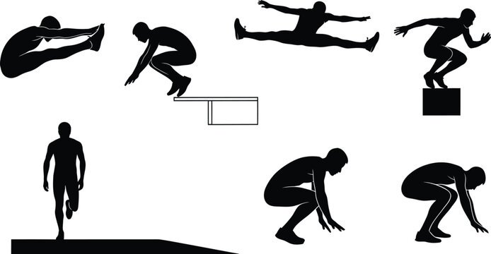 Athletic man silhouette icons set showing jumping acrobatics diving and parkour box leap poses