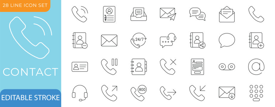 Contact Line Icon Set. chat,dialpad,voicemail,envelope and inbox. Editable Stroke  Vector Illustration.