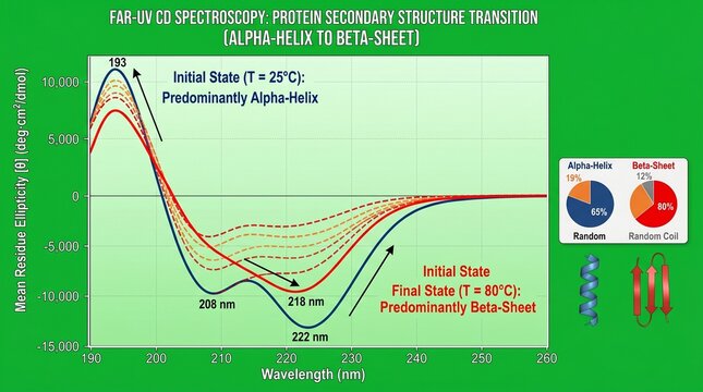 Spectroscopic graph displaying protein secondary structure transition with wavelength data spectrum spectroscopy