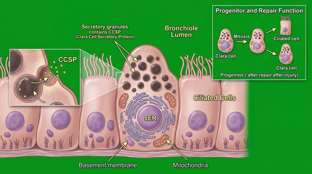 Detailed Vector Illustration Of Clara Cells Within Bronchiole Lumen And Basement Membrane