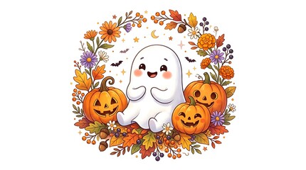Naklejka premium Cute little ghost with pumpkins and fall autumn flowers illustration