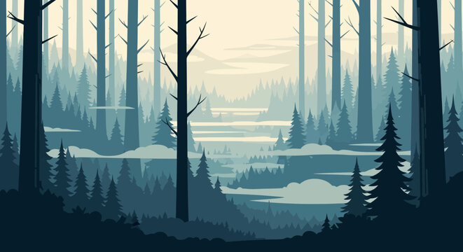 Stylized forest landscape featuring tall, bare trees and a winding path.