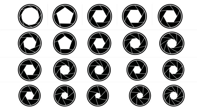 Grid of various camera aperture and lens shutter icons in different stages.
