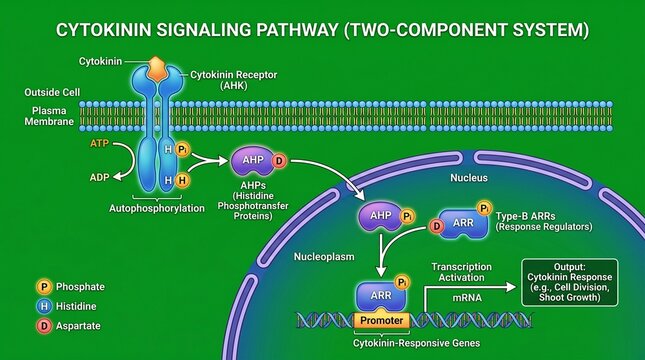 Cytokinin signaling pathway illustration depicting cellular response and two component system two component