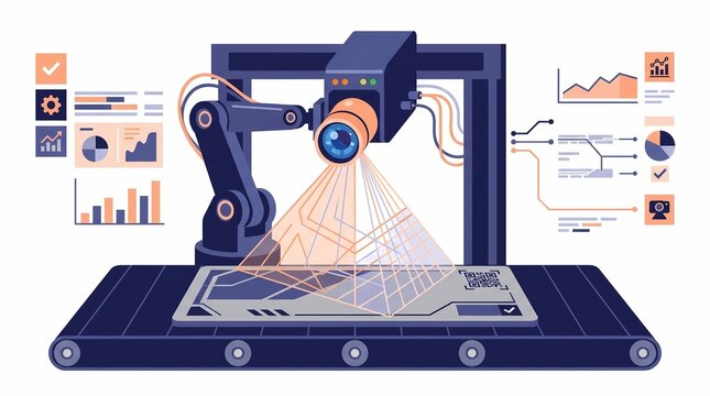 Robotic machine vision camera inspecting component on conveyor belt