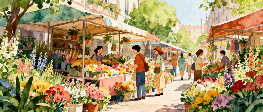 Vintage European Street and Market Watercolor Art