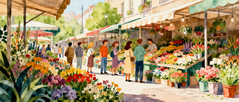 Vintage European Street and Market Watercolor Art