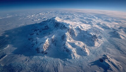 Fototapeta premium Aerial view of snow-covered mountain range with glaciers and ice formations under a clear blue sky, showcasing the rugged terrain and natural beauty of the landscape
