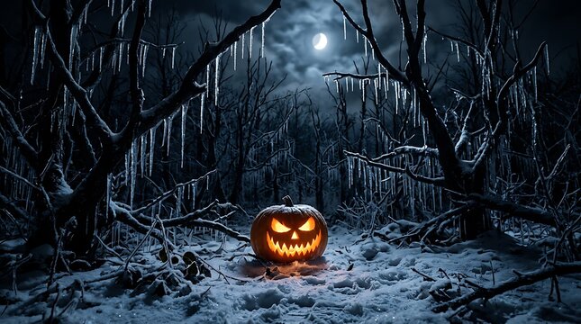 Glowing scary pumpkin in a dark forest at night illustration