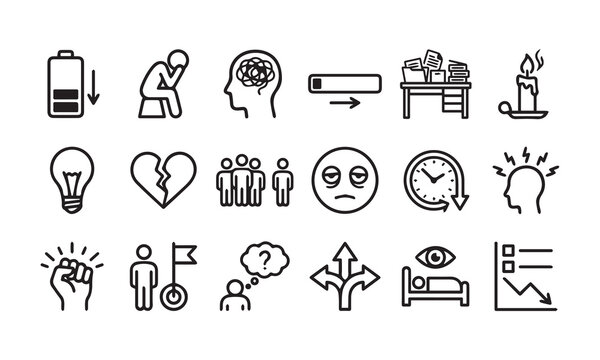 Burnout and mental fatigue line icons showing stress and low energy at workplace.