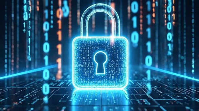A glowing digital padlock symbol representing secure data protection