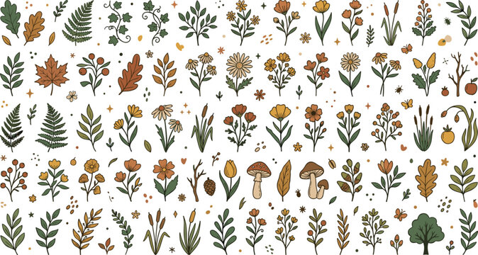 Colorful autumn leaf and plant illustration collection in a seamless pattern