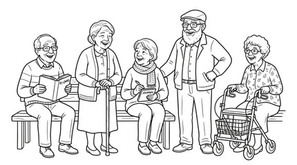 Obraz premium Hand drawn line art of diverse senior citizens smiling together.