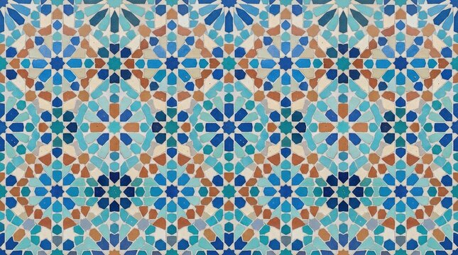 Islamic geometric tile pattern, traditional Moroccan zellige mosaic background, blue and terracotta ceramic wall art texture for interior design