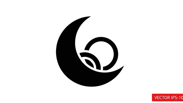Crescent moon icon with geometric circular elements, minimalist flat black design, symbol representing lunar phases or islamic astronomy