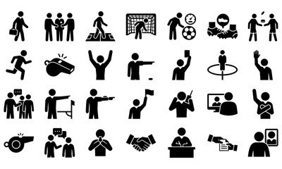 Obraz premium Business People Icons, Flat Design, 30 Black Silhouette Symbols, Office Communication, Teamwork Graphics, Vector Illustration