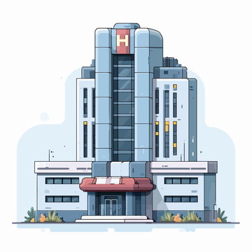 Modern hospital building with multi story architecture and logo