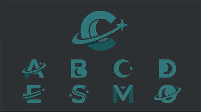 Set of alphabet letters designed with orbital ring and star elements.