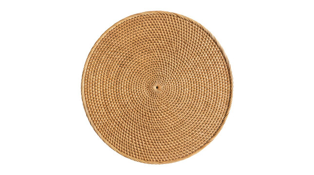 Top view of a round woven rattan placemat isolated on transparent background