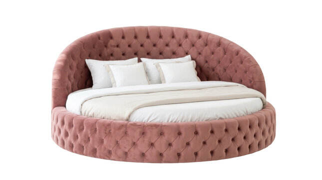 Round pink velvet bed with tufted headboard isolated on transparent background