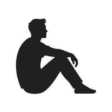 Silhouette of seated man in side view, relaxed sitting pose isolated on white background