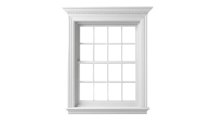 Obraz premium Classic white wooden window frame with decorative molding isolated on transparent background