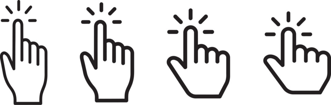 Click hand cursor icon set featuring pointer symbols for web navigation, user interface interaction, touchscreen actions, selection, tapping and digital communication design.