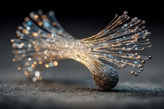 Close-up of Fiber Optic Cables with Bright Light Effects in Dark Setting