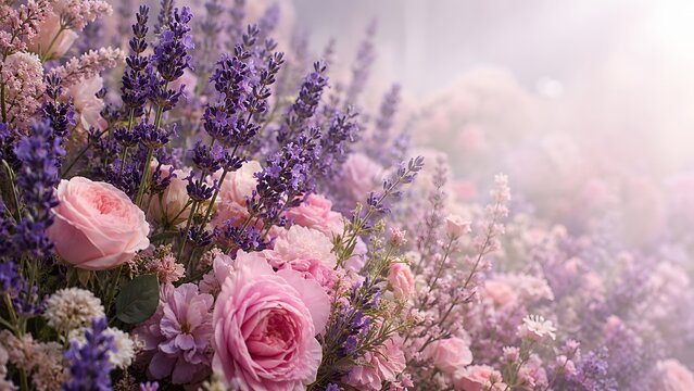 An elegant floral arrangement featuring soft pink roses and fragrant purple lavender shrouded in morning mist. Suitable for wedding stationary, florist websites, and wellness blogs.