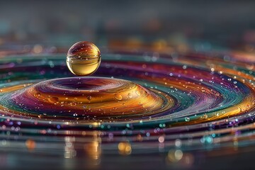 Obraz premium Close-up of a colorful liquid splash with a golden sphere on top